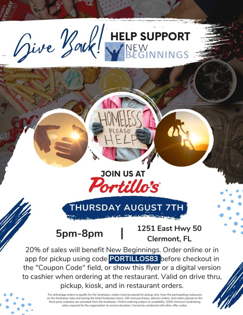 NBCFL Home 4 | New Beginnings of Central Florida | NBCFL.org Portillo's Fundraiser Flyer | New Beginnings of Central Florida | NBCFL.org
